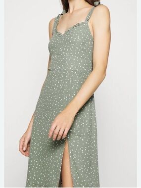Abercrombie & Fitch Polka Dot Tie Strap Smocked Midi Dress in Sage Green & White